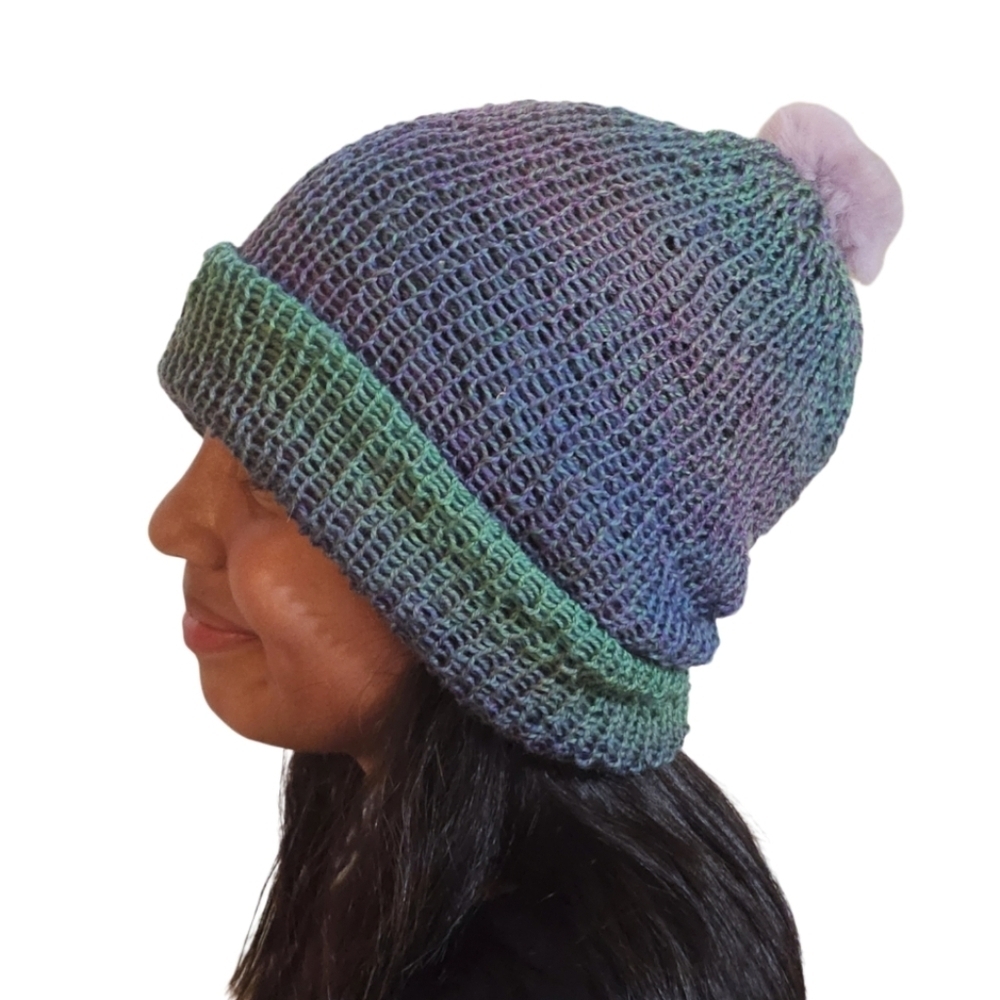 Hand Crafted Crochet beanie Handmade winter hat upcycled pom pom Ombrè purple